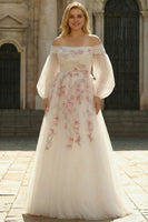 Load image into Gallery viewer, Floral Sparkly White A Line Long Sleeves Tulle Prom Dress with Sequins