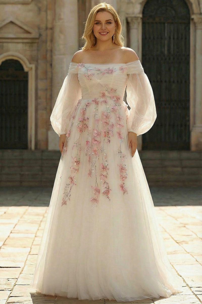 Load image into Gallery viewer, Floral Sparkly White A Line Long Sleeves Tulle Prom Dress with Sequins