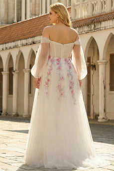 Floral Plus Size Sparkly White A Line Tulle Long Sleeves Prom Dress with Sequins