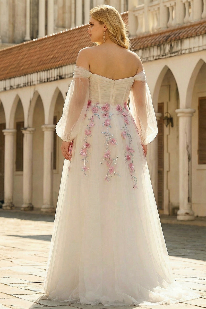 Load image into Gallery viewer, Floral Sparkly White A Line Long Sleeves Tulle Prom Dress with Sequins