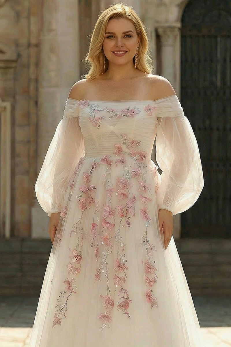 Load image into Gallery viewer, Floral Plus Size Sparkly White A Line Tulle Long Sleeves Prom Dress with Sequins