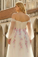 Load image into Gallery viewer, Floral Plus Size Sparkly White A Line Tulle Long Sleeves Prom Dress with Sequins