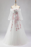 Load image into Gallery viewer, Floral Sparkly A Line White Long Sleeves Tulle Prom Dress with Sequins