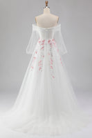 Load image into Gallery viewer, Floral Sparkly A Line White Long Sleeves Tulle Prom Dress with Sequins