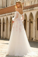 Load image into Gallery viewer, Floral Sparkly White A Line Long Sleeves Tulle Prom Dress with Sequins