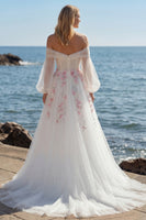 Load image into Gallery viewer, Floral Sparkly White A Line Long Sleeves Tulle Prom Dress with Sequins