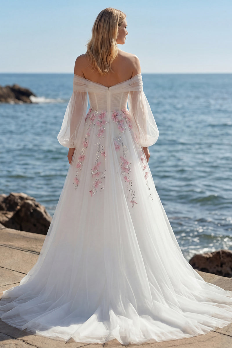 Load image into Gallery viewer, Floral Sparkly White A Line Long Sleeves Tulle Prom Dress with Sequins