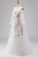 Load image into Gallery viewer, Floral Sparkly A Line White Long Sleeves Tulle Prom Dress with Sequins