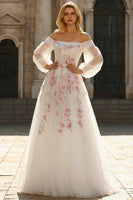 Load image into Gallery viewer, Floral Sparkly White A Line Long Sleeves Tulle Prom Dress with Sequins