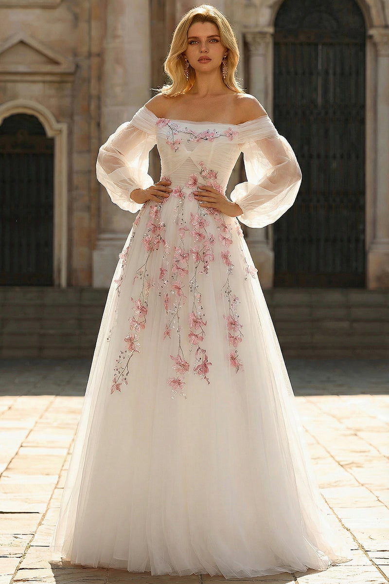 Load image into Gallery viewer, Floral Sparkly White A Line Long Sleeves Tulle Prom Dress with Sequins