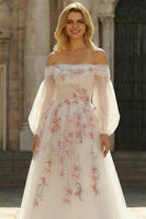 Load image into Gallery viewer, Floral Sparkly White A Line Long Sleeves Tulle Prom Dress with Sequins