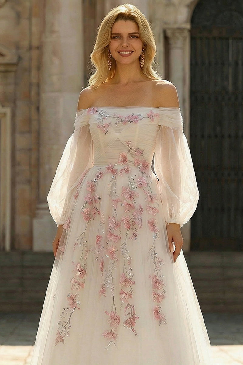 Load image into Gallery viewer, Floral Sparkly White A Line Long Sleeves Tulle Prom Dress with Sequins