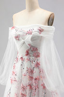 Load image into Gallery viewer, Floral Sparkly A Line White Long Sleeves Tulle Prom Dress with Sequins