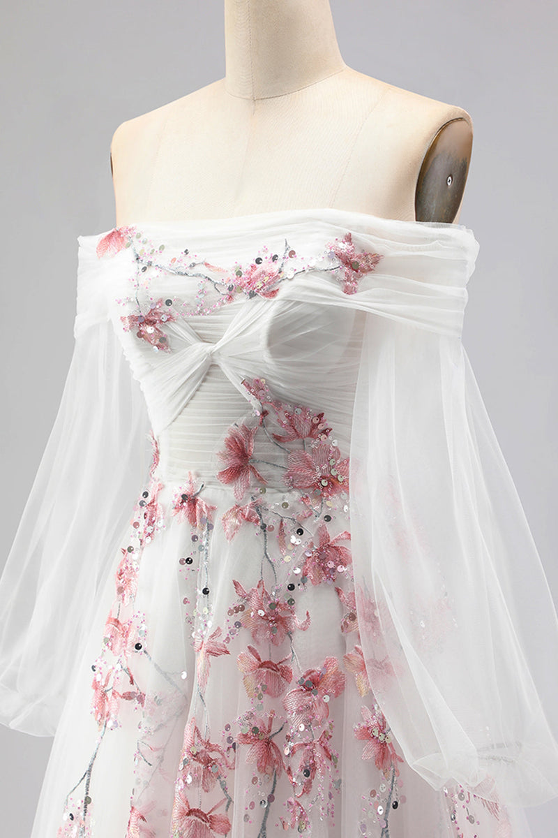 Load image into Gallery viewer, Floral Sparkly A Line White Long Sleeves Tulle Prom Dress with Sequins