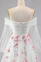 Load image into Gallery viewer, Floral Sparkly A Line White Long Sleeves Tulle Prom Dress with Sequins