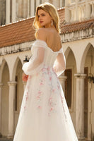 Load image into Gallery viewer, Floral Sparkly White A Line Long Sleeves Tulle Prom Dress with Sequins