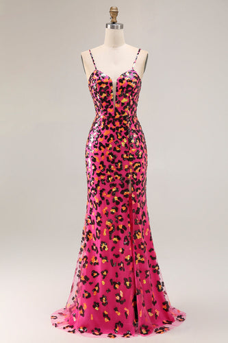 Sparkly Fuchsia Mermaid Leopard Long Prom Dress with Slit