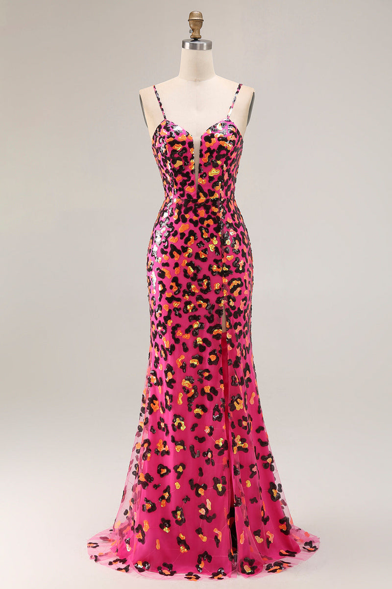 Load image into Gallery viewer, Sparkly Fuchsia Mermaid Leopard Long Prom Dress with Slit