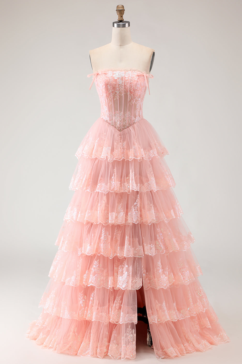 Blush Floral A Line Tulle Long Corset Prom Dress with Slit