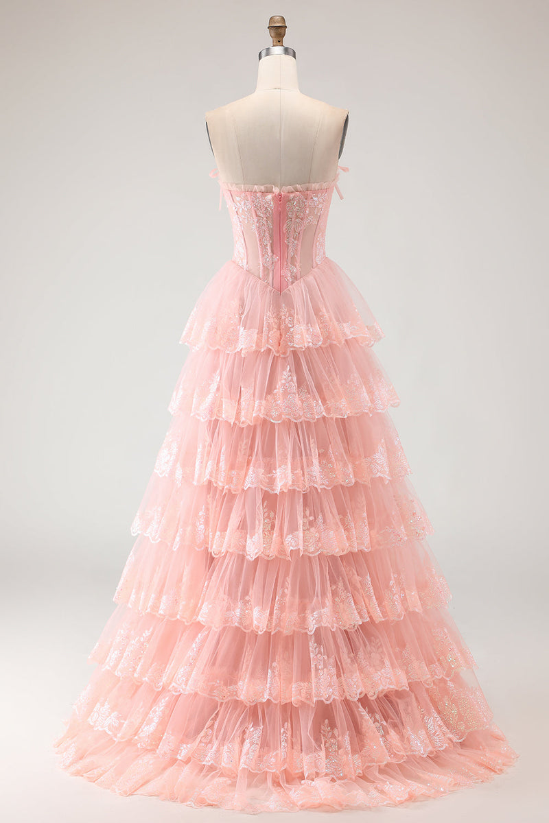 Load image into Gallery viewer, Blush Floral A Line Tulle Long Corset Prom Dress with Slit