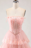 Load image into Gallery viewer, Blush Floral A Line Tulle Long Corset Prom Dress with Slit