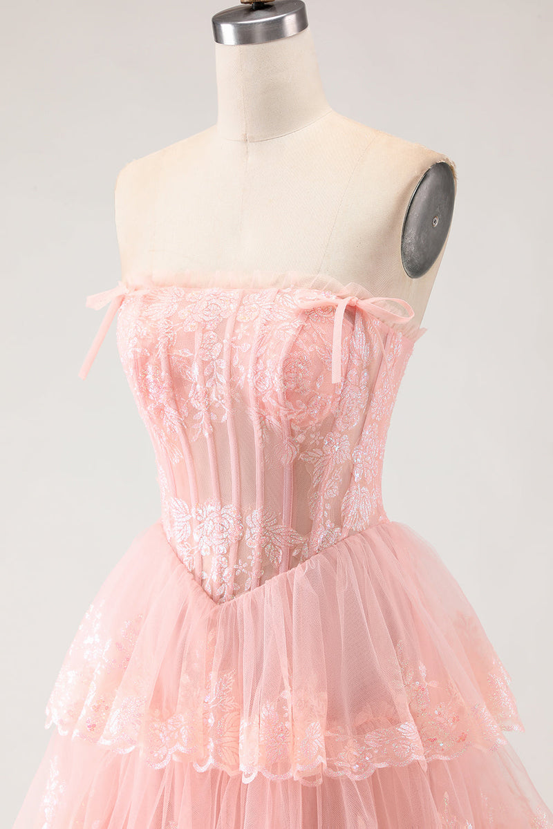 Load image into Gallery viewer, Blush Floral A Line Tulle Long Corset Prom Dress with Slit