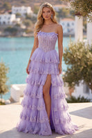 Load image into Gallery viewer, Blush Floral A Line Tulle Long Corset Prom Dress with Slit