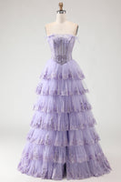 Load image into Gallery viewer, Lilac Floral Tulle Ruffled Long Corset Prom Dress with Slit