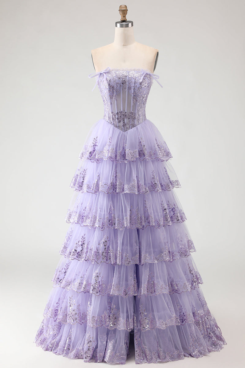 Load image into Gallery viewer, Lilac Floral Tulle Ruffled Long Corset Prom Dress with Slit