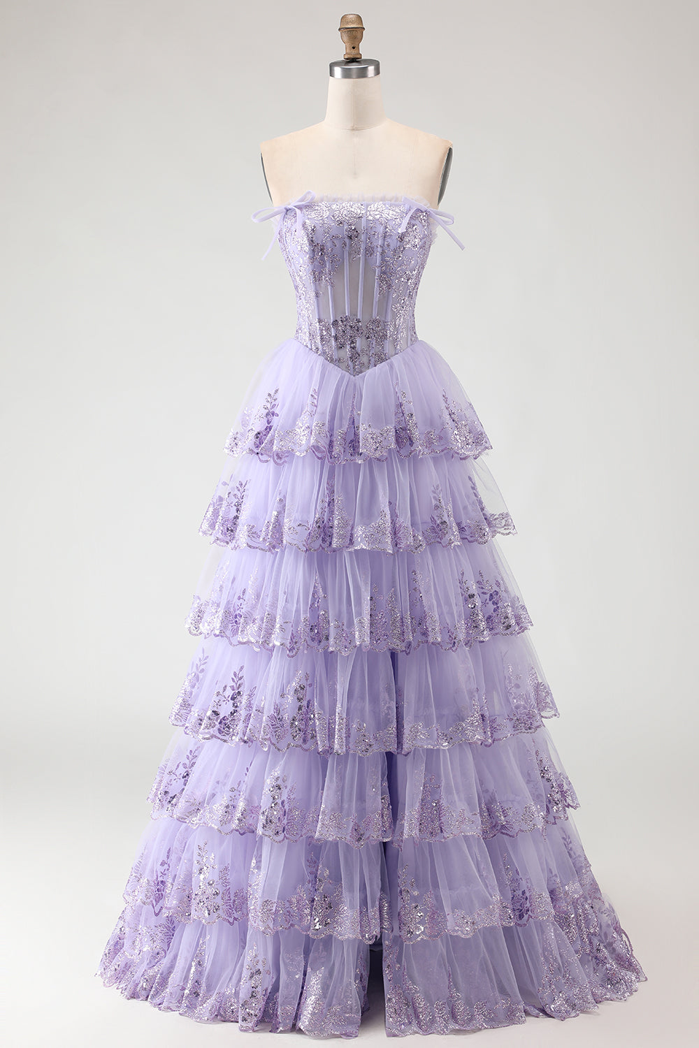Lilac Floral Tulle Ruffled Long Corset Prom Dress with Slit
