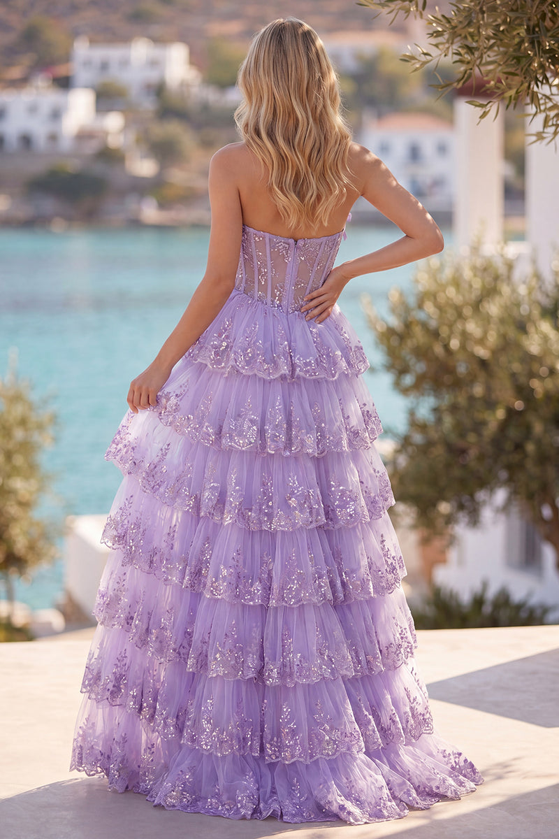 Load image into Gallery viewer, Lilac Floral Tulle Ruffled Long Corset Prom Dress with Slit