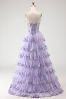 Load image into Gallery viewer, Lilac Floral Tulle Ruffled Long Corset Prom Dress with Slit