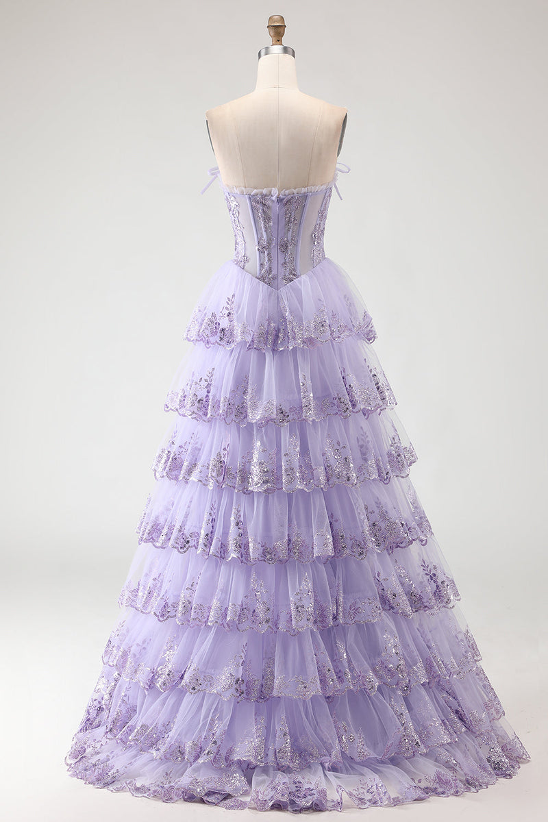 Load image into Gallery viewer, Lilac Floral Tulle Ruffled Long Corset Prom Dress with Slit