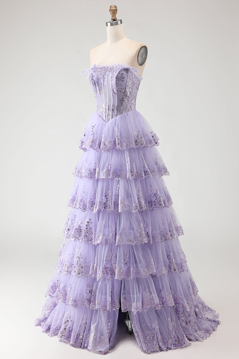 Load image into Gallery viewer, Lilac Floral Tulle Ruffled Long Corset Prom Dress with Slit