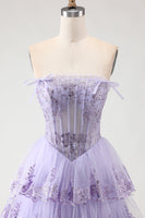 Load image into Gallery viewer, Lilac Floral Tulle Ruffled Long Corset Prom Dress with Slit