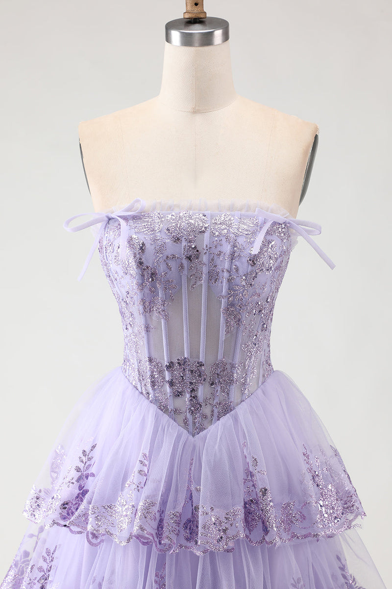 Load image into Gallery viewer, Lilac Floral Tulle Ruffled Long Corset Prom Dress with Slit