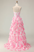 Load image into Gallery viewer, Sparkly White and Pink Ruffled Floral Strapless Corset Long Prom Dress