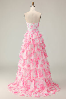 Sparkly White and Pink Ruffled Floral Strapless Corset Long Prom Dress