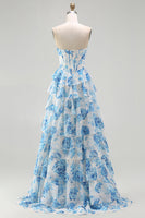 Load image into Gallery viewer, Sparkly White and Blue Ruffled Floral Strapless Corset Long Prom Dress