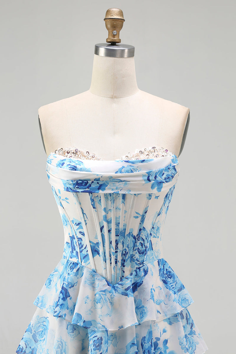 Load image into Gallery viewer, Sparkly White and Blue Ruffled Floral Strapless Corset Long Prom Dress