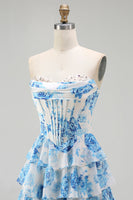 Load image into Gallery viewer, Sparkly White and Blue Ruffled Floral Strapless Corset Long Prom Dress