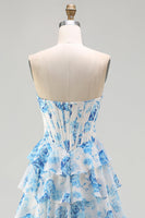 Load image into Gallery viewer, Sparkly White and Blue Ruffled Floral Strapless Corset Long Prom Dress