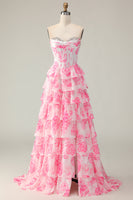 Load image into Gallery viewer, Sparkly White and Pink Ruffled Floral Strapless Corset Long Prom Dress