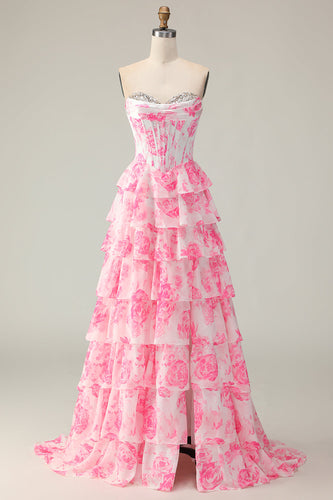 Sparkly White and Pink Ruffled Floral Strapless Corset Long Prom Dress