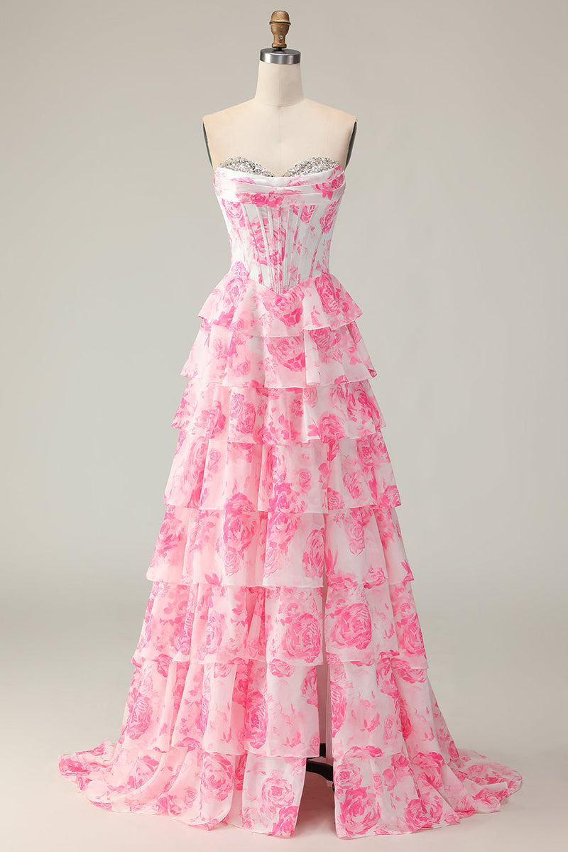 Load image into Gallery viewer, Sparkly White and Pink Ruffled Floral Strapless Corset Long Prom Dress