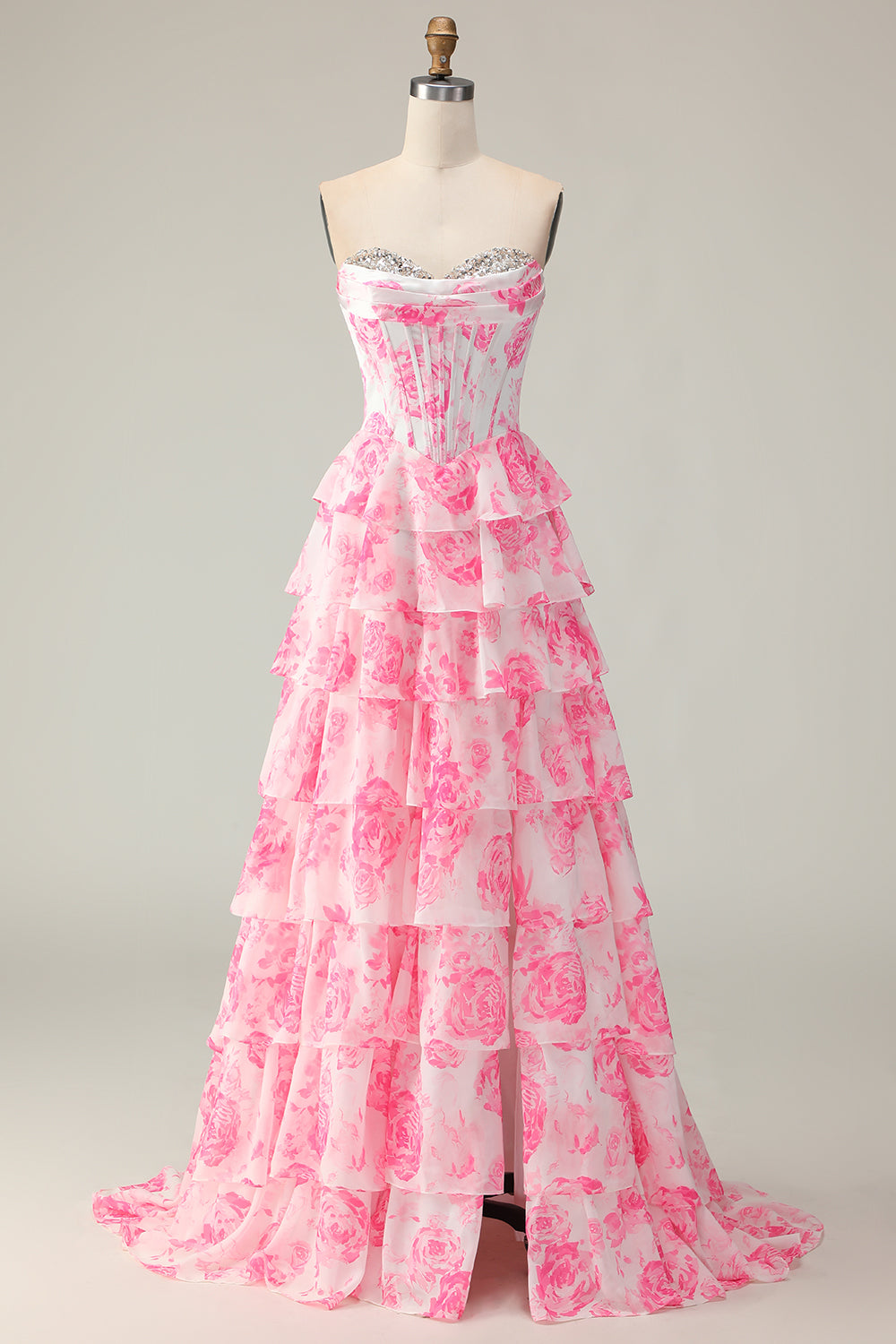 Sparkly White and Pink Ruffled Floral Strapless Corset Long Prom Dress