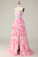 Load image into Gallery viewer, Sparkly White and Pink Ruffled Floral Strapless Corset Long Prom Dress