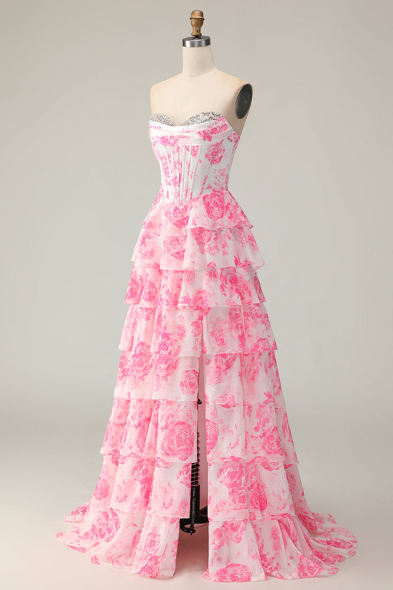 Load image into Gallery viewer, Sparkly White and Pink Ruffled Floral Strapless Corset Long Prom Dress
