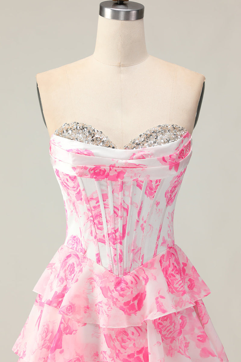 Load image into Gallery viewer, Sparkly White and Pink Ruffled Floral Strapless Corset Long Prom Dress