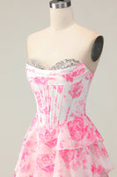 Load image into Gallery viewer, Sparkly White and Pink Ruffled Floral Strapless Corset Long Prom Dress